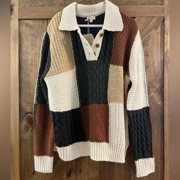 Sweaters - Patchwork Knit Sweater - Black, Brown, Cream, Green